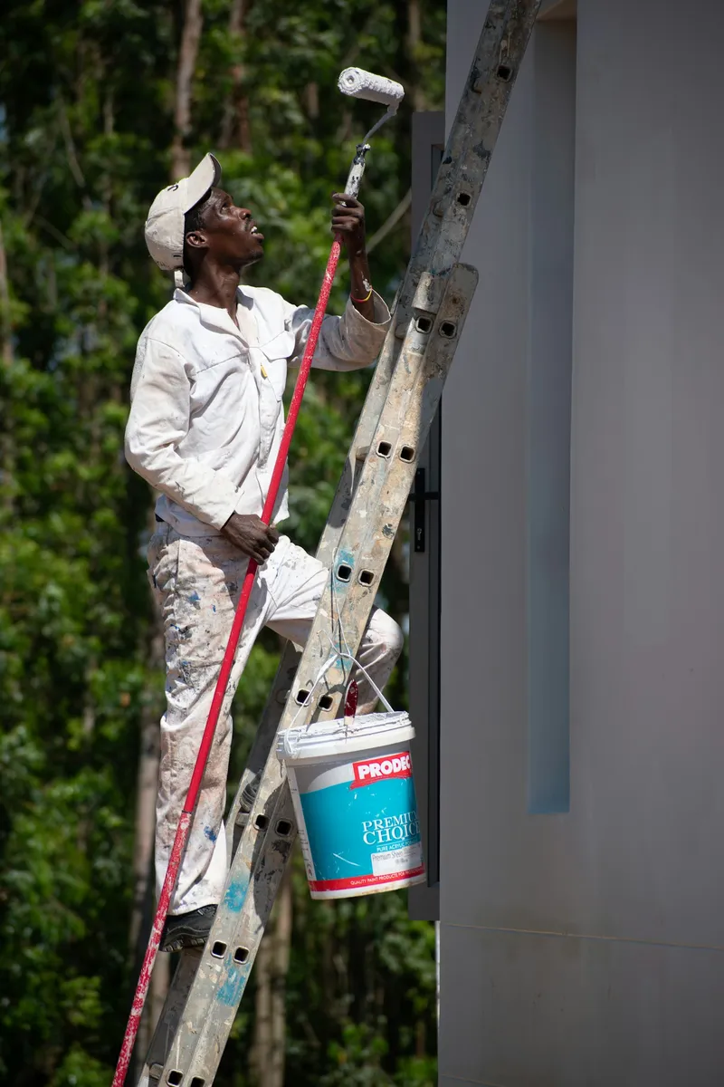 Painter working on a wall from a ladder