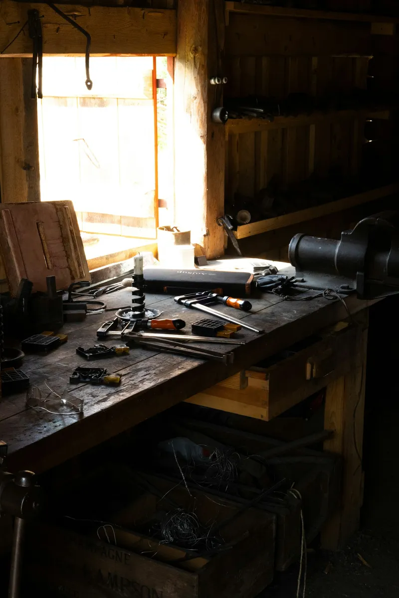 Carpentry workshop bench with tools